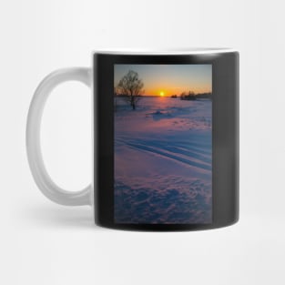 Sunset winter landscape with snow-covered road in violet and pink colors Mug